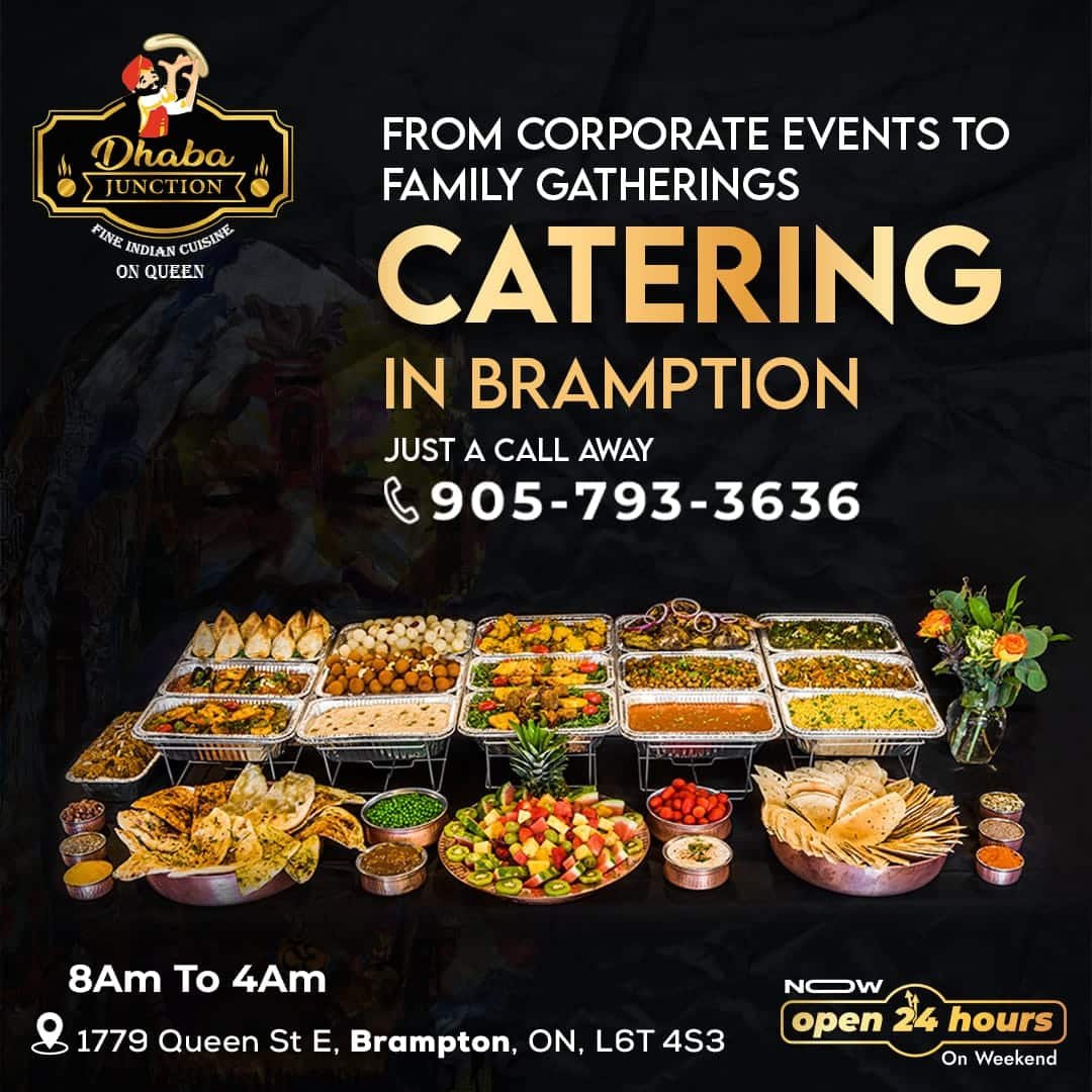 A variety of Indian dishes arranged on a table for catering purposes at Dhaba Junction.